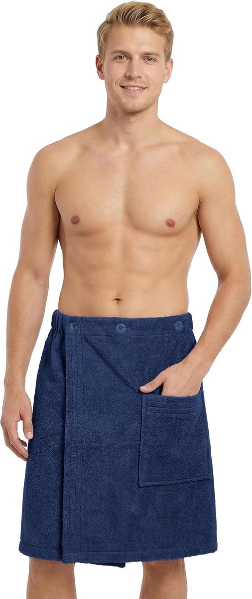 SnelShoppen - Premium Saunakilt Heren Katoen Badstof met Knoopsluiting, Elastiek, Öko-Tex 100, M-XL Donkerblauw voor Wellness, Spa en Sauna