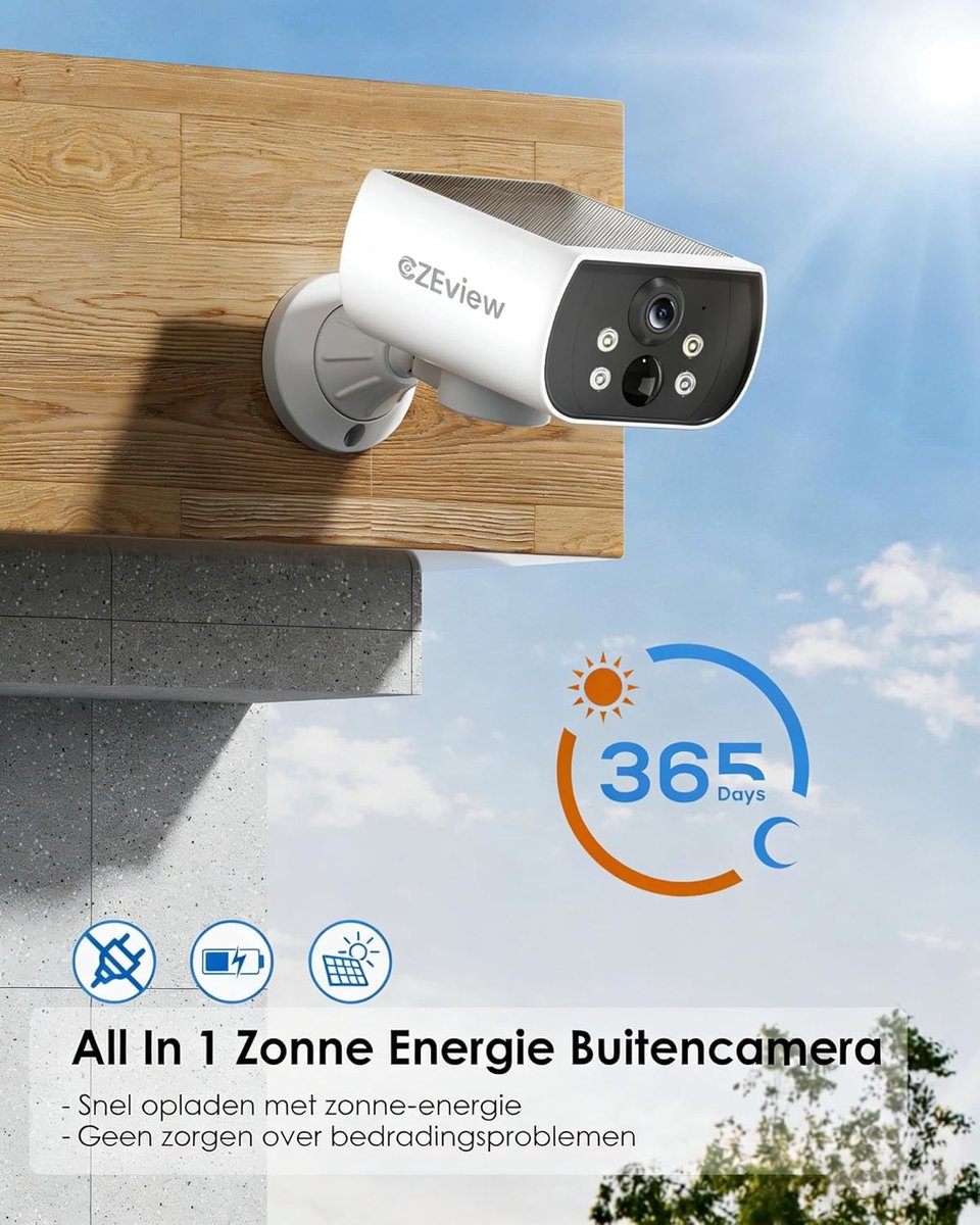 SnelShoppen - Bewakingscamera voor Buiten Accu Solar, Draadloos met 300° Draaibereik, 5MP Persoonsdetectie, 2-Weg Audio, IP65, Magnetmontage zonder Bo