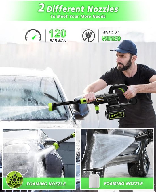 SnelShoppen - Hogedrukreiniger Accu Met Borstelloze Motor, Draagbare Mobiele Hogedrukreiniger, 3 Instelbare Standen, 6-In-1 Mondstuk, Perfect Voor Aut van Snelshoppen — afbeelding 3