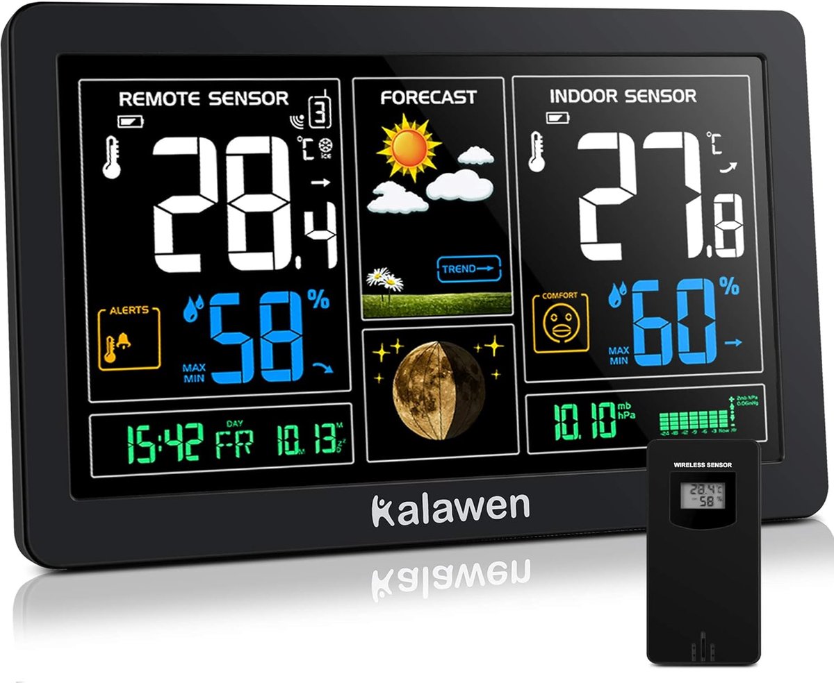 SnelShoppen - Weerstation met Buitensensor, 9-in-1 Draadloze Digitale Wekker, Barometer, Temperatuur- en Vochtigheidsmonitor voor Thuis, Tuin en Kanto