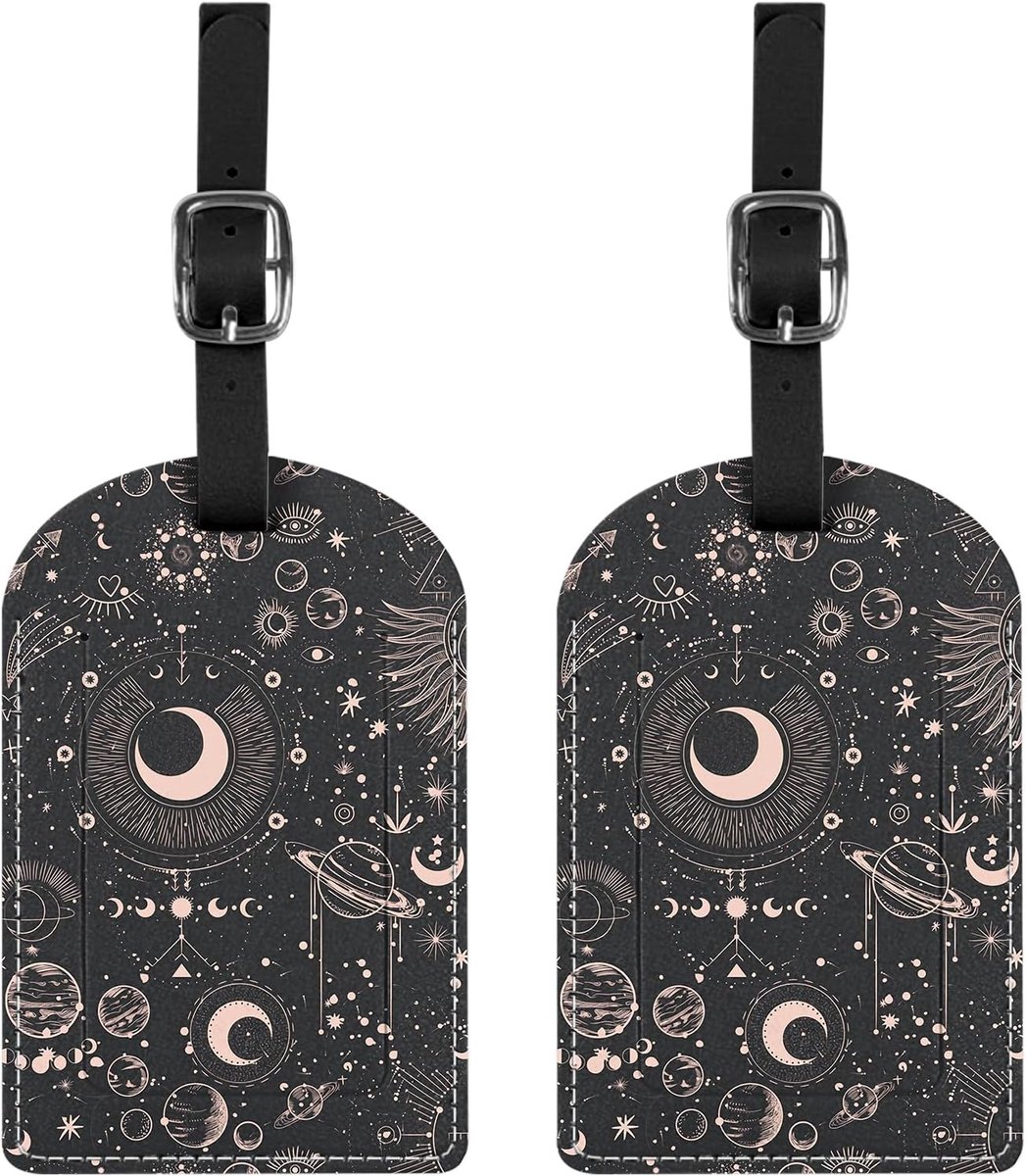 SnelShoppen - 2 Pack Bagagelabels PU Leer Kofferlabels Esthetisch Leuk Grappig Reislabel voor Vrouwen Meisjes - Maan en Zon