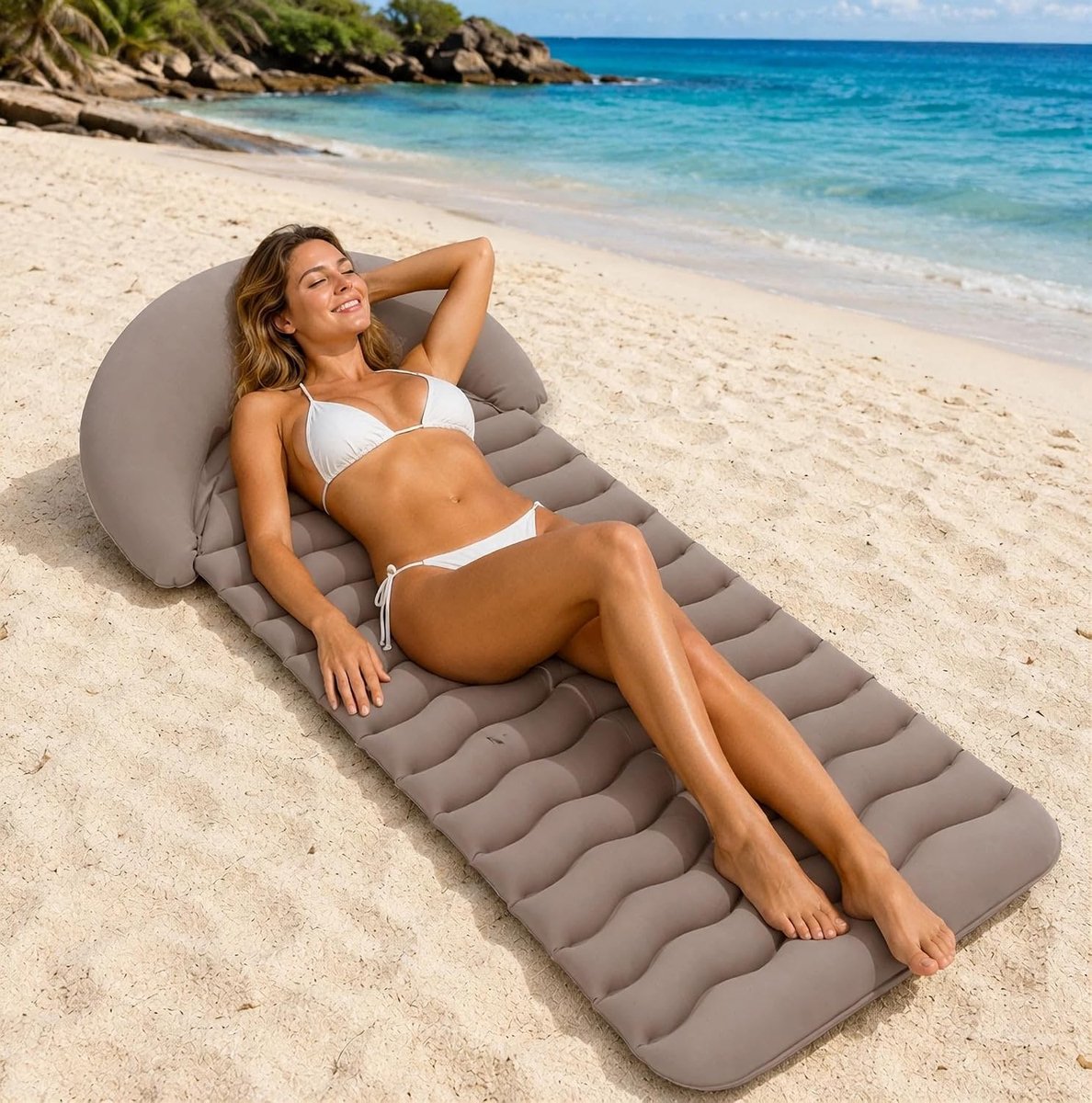 Opblaasbare Strandmat met Hoofdsteun - Zwembadmatras - Vlokfluweel Oppervlak - 178x76cm