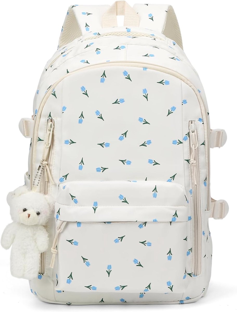 VHV - Rugzak - Rugzak dames - Orchidee rugzak - Nylon schooltas met kersenprint - Lichtgewicht dagrugzak - Voor school, werk, reizen en dagelijks gebruik - 43*30*18cm - Gebroken wit