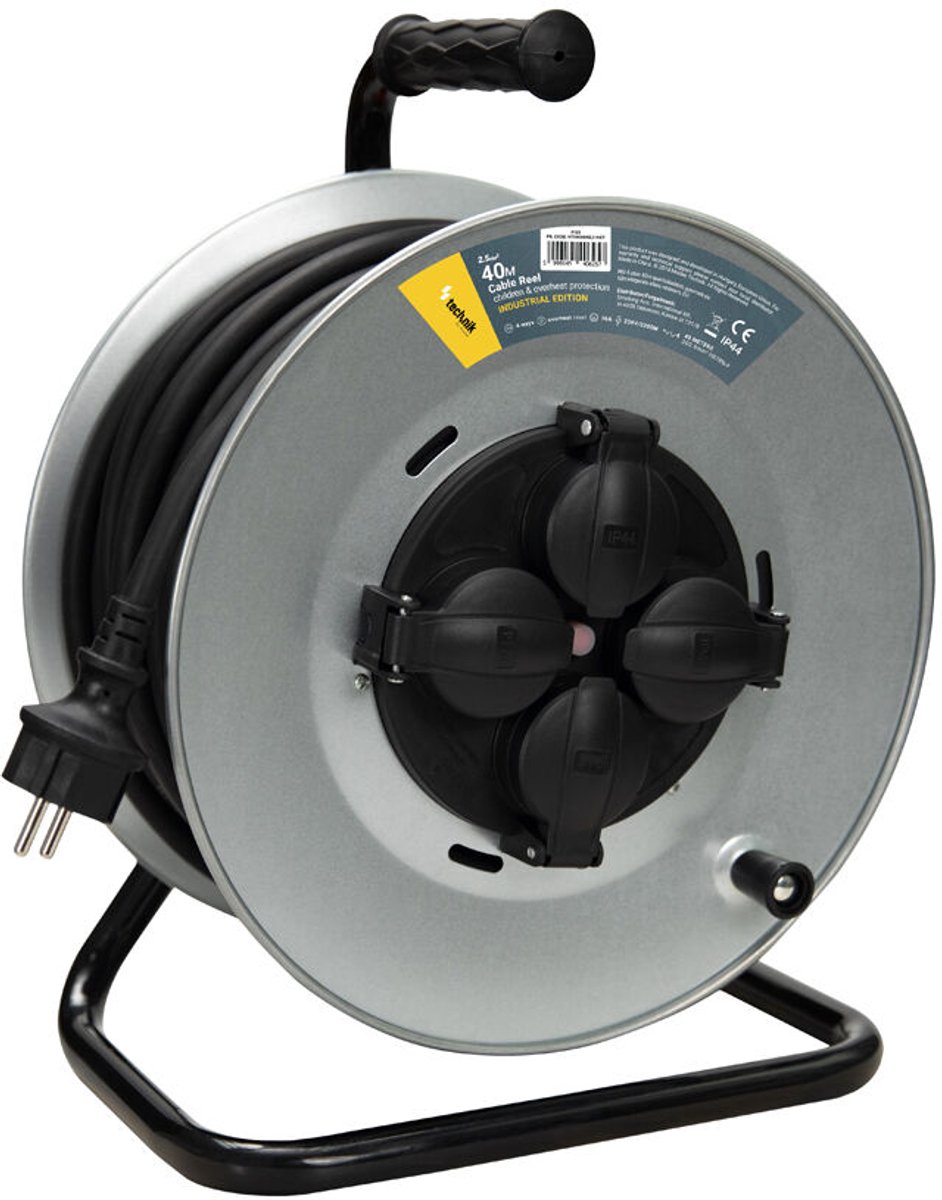 Technik Industriële Kabelhaspel Metaal - 4 Stopcontacten - 40m 2.5mm² H07RN-F - IP44 - 16A