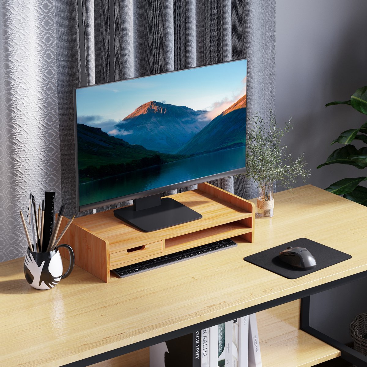 OKWISH Monitorstandaard - Met Lade en Opbergvak - Voor Een Opgeruimd Bureau en Beeldschermverhoging - Bamboe Naturel - 49 x 25,5 x 11,5 cm