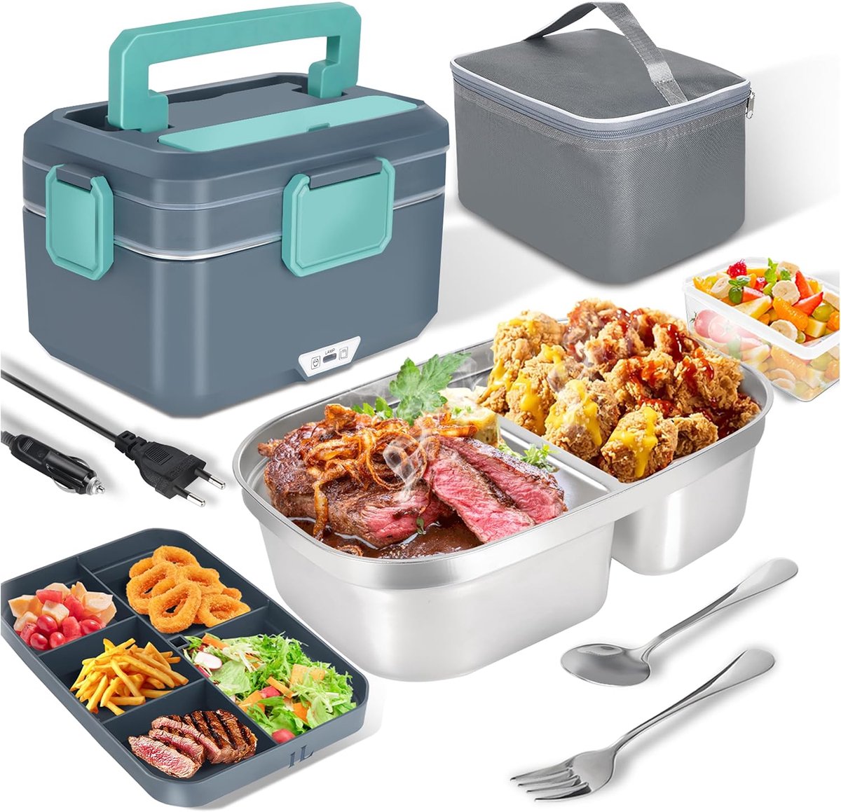 SnelShoppen - Elektrische Lunch Box 3.5L met Snelle Verwarming 90W - Ideaal voor Thuis, Auto en Camping - Inclusief Fork en Lepel - Grote Capaciteit e