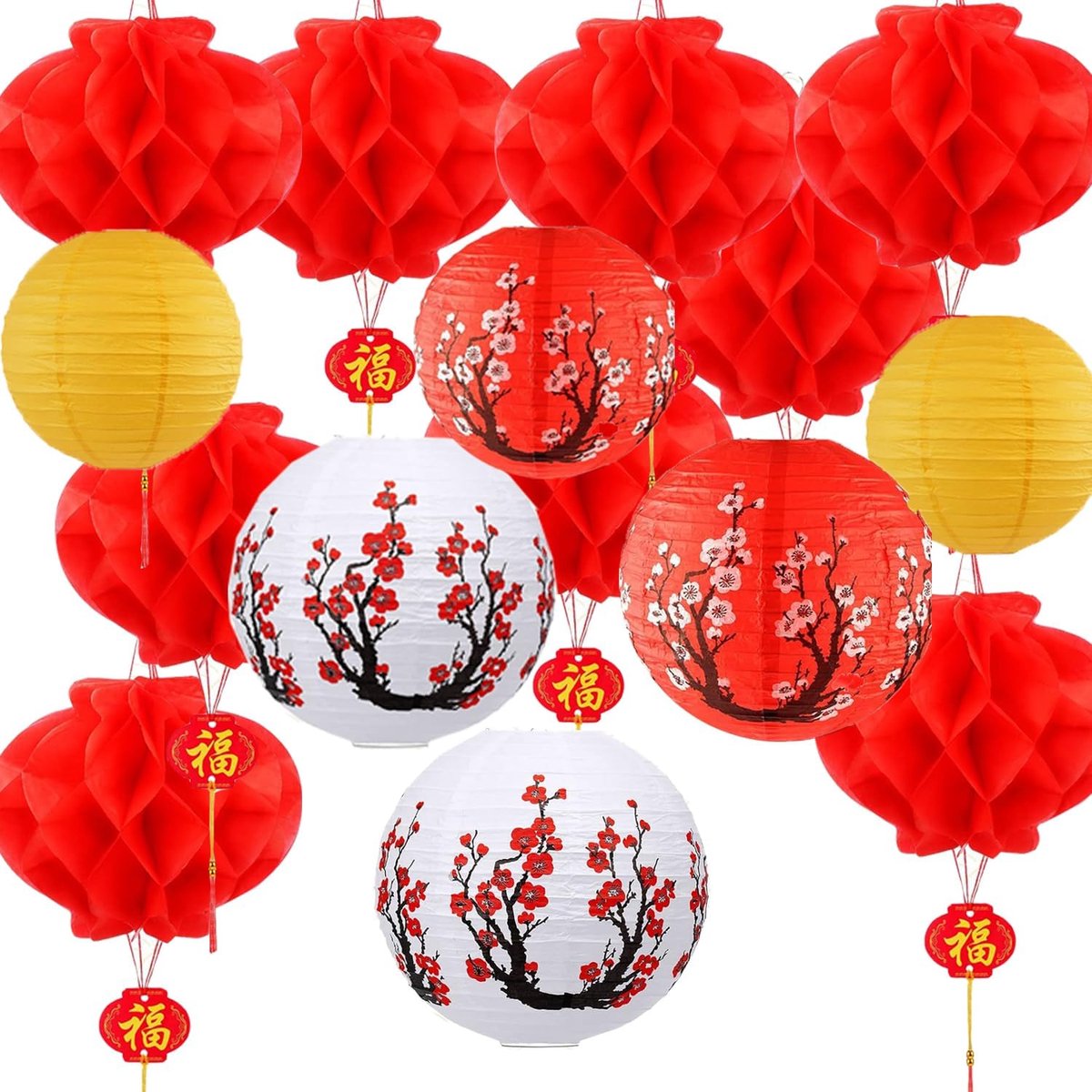 SnelShoppen - Chinese Papieren Lantaarns Set - 4 Cherry Blossom Lantaarns (Rood & Wit), 2 Gele Lantaarns, 1 Gelukkige Nieuwjaars Draak Lantaarn, 10 Ro