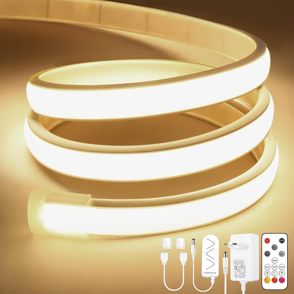 SnelShoppen - Dimmable 6m COB LED Strip Waterdicht met Afstandsbediening, 4000K Natuurlijke Wit, Zelfklevend Neon LED Strip voor Keuken, Slaapkamer en