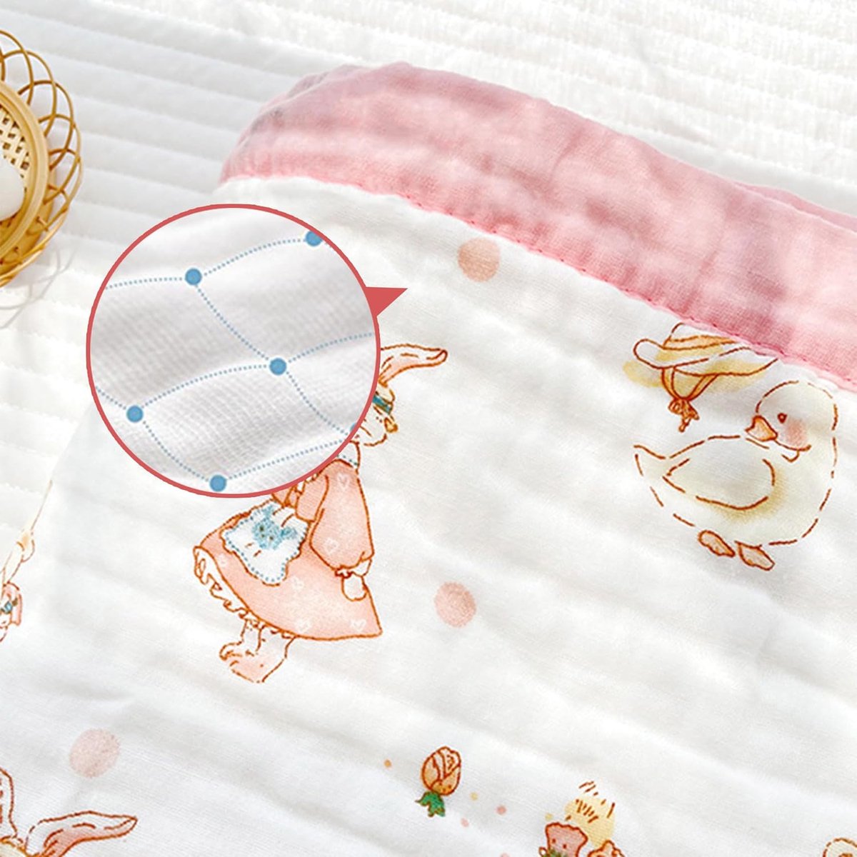 SnelShoppen - Muslin Babydeken 6-Laags Cuddly Blanket 110x110 cm Katoen Zacht en Ademend Unisex voor Baby, Kinderdeken, Badhanddoek, Roze Konijn
