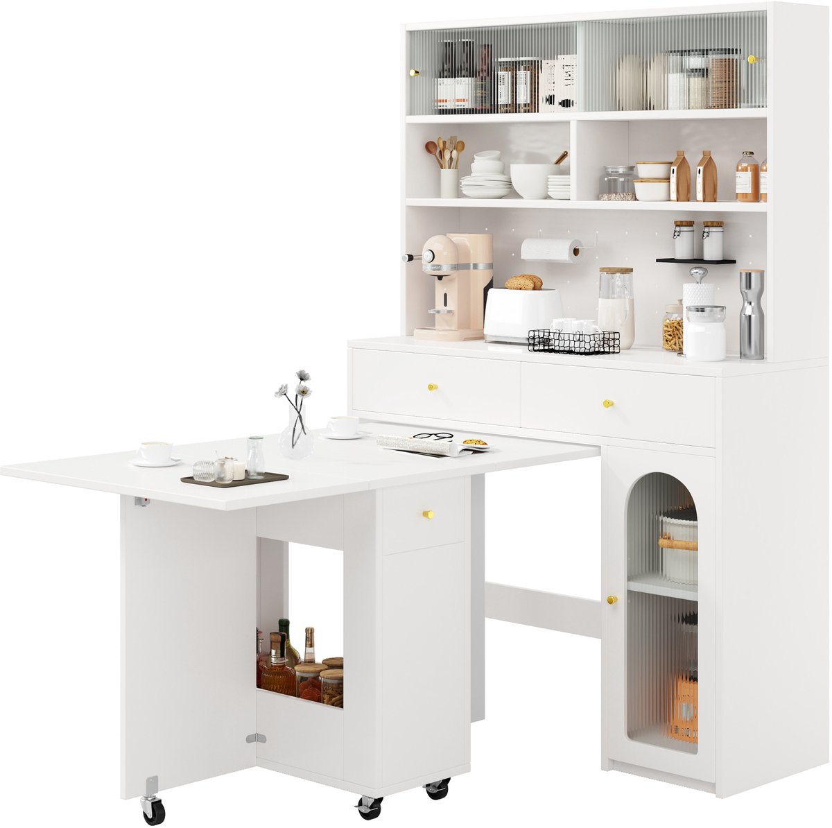 Wishdor - Keukenmeubelset - Klapbare eettafel en mobiele bartafel - Hoge kast met opbergruimte - Modern - Keuken en eetkamer - Bewerkt hout - Wit