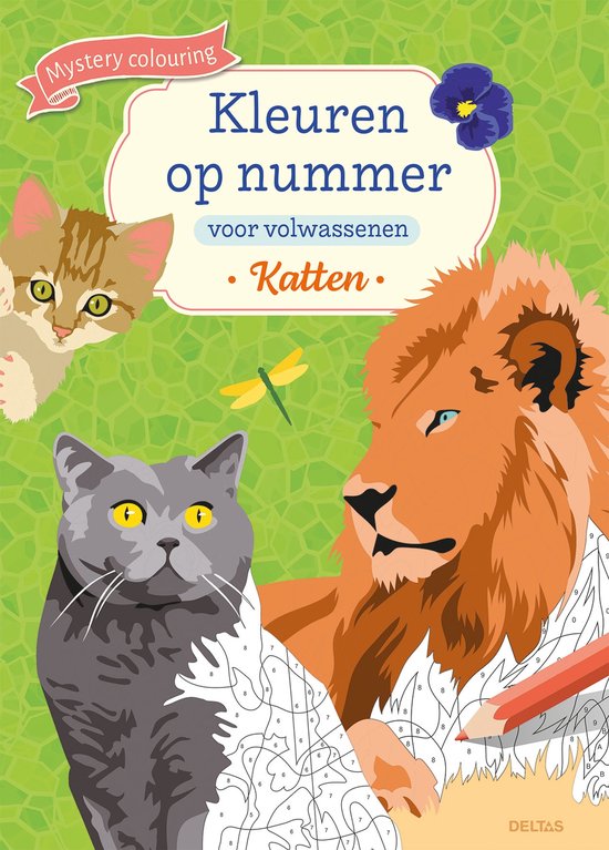 Katten en een leeuw, gedeeltelijk ingekleurd met cijfers en een potlood.
