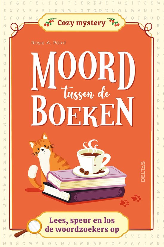 Boekcover van Moord tussen de boeken, met een kat en een kop koffie op boeken. Cozy mystery.