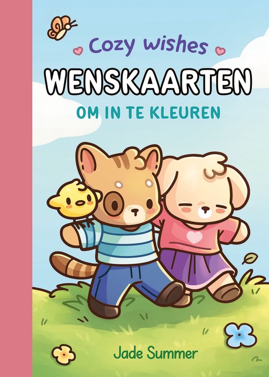 Kleurrijke kaft van kleurboek met getekende schattige dieren, tekst 'Cozy wishes Wenskaarten om in te kleuren'.