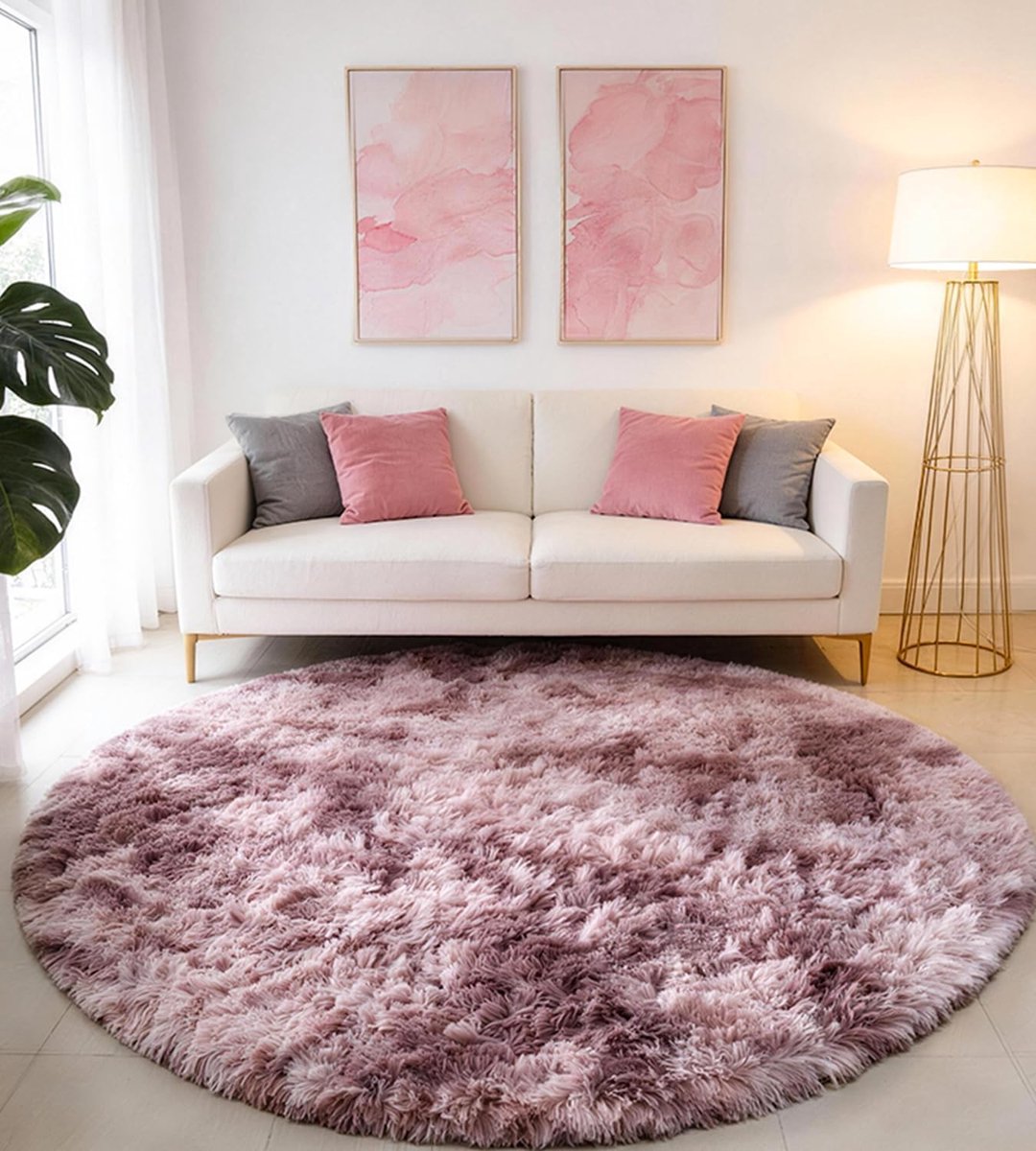 SnelShoppen - Rond Vloerkleed 150 cm, Paars, Roze, Hoogpolig, Wasbaar, Antislip, Zacht, Fluffy Modern voor Woonkamer, Slaapkamer en Eetkamer