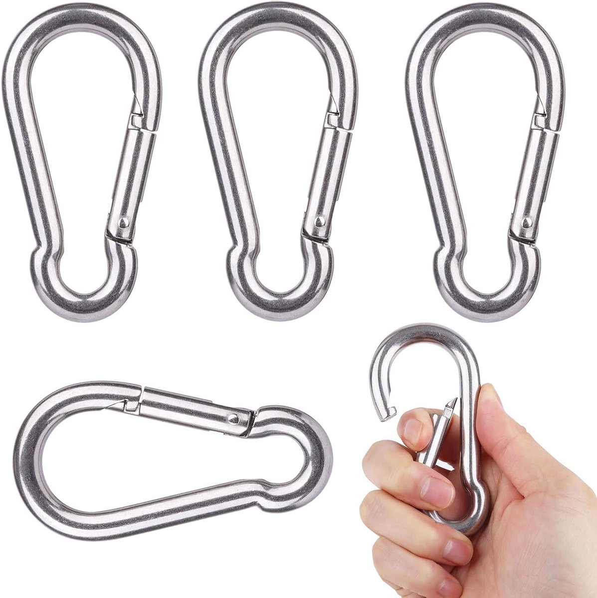 SnelShoppen - Set van 4 Roestvrij Stalen M10 Karabijnhaken 100x10mm, Musketonhaken tot 270kg Belastbaar voor Schommels, Hangmatten, Zonnedoeken en Fit