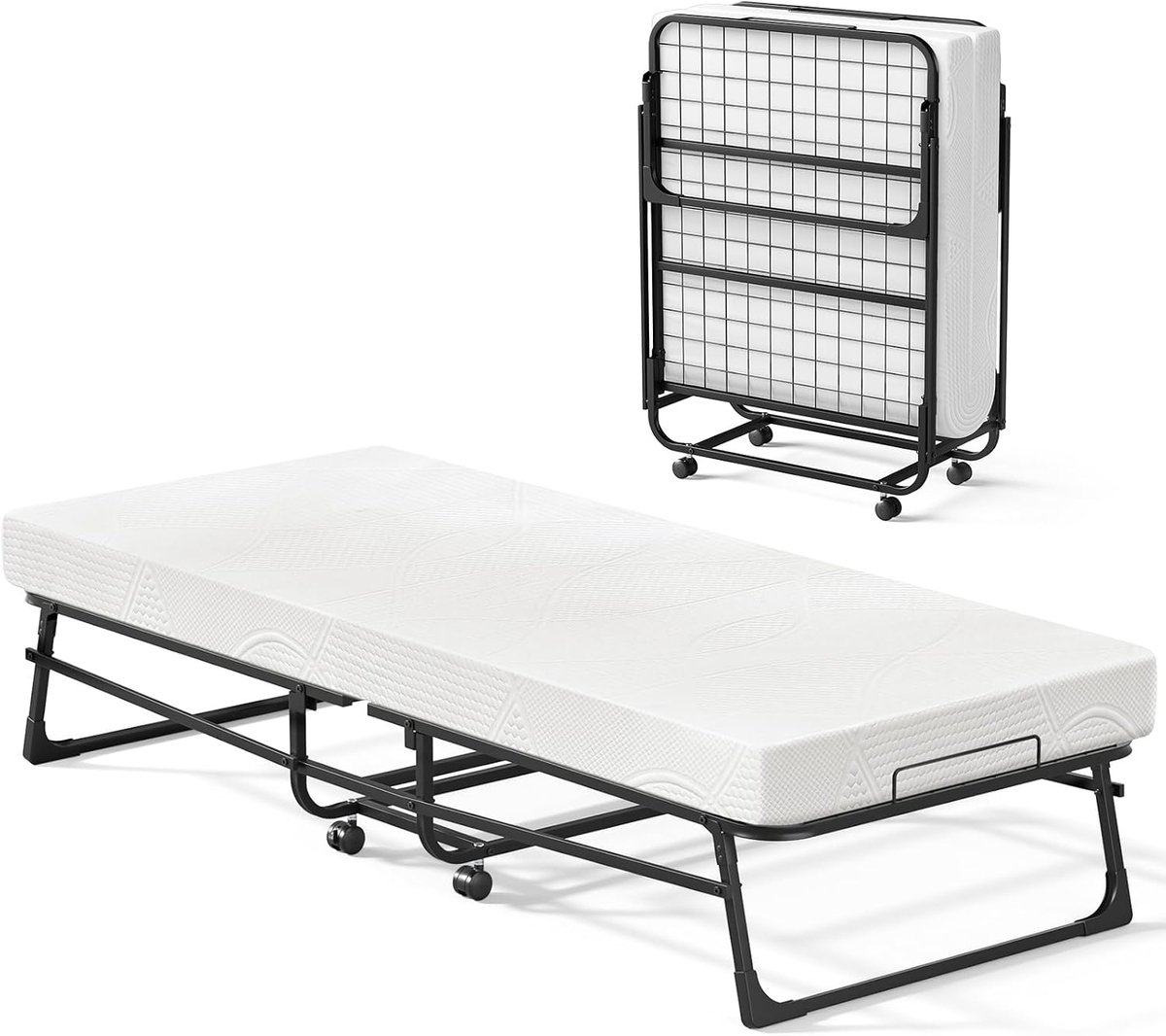 SnelShoppen - Inklapbaar Logeerbed 78 x 190 cm met 12,5 cm Dikke Schuimrubberen Matras, Klapbed voor Volwassenen, Duurzaam Metalen Bedframe met 4 Wiel