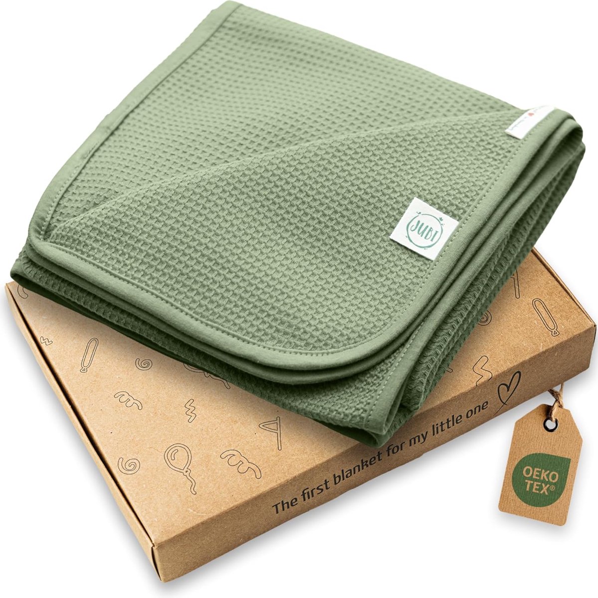 SnelShoppen - Jubi Soft Baby Dekentje 100% Katoen 70x100 cm Lichtgewicht Ademend voor Kinderwagen en Bed Oeko-Tex Gecertificeerd Olijfgroen Perfect Kr