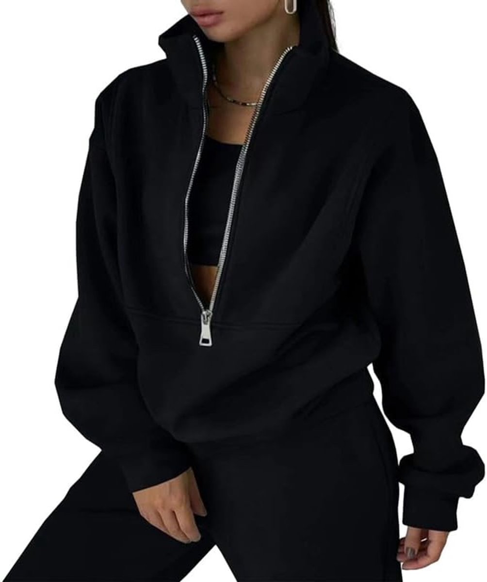 SnelShoppen - Dames Trainingspak Volledige Set Loungewear, 2-delige Fleece Tracksuit, Comfortabele Lange Mouwen Actieve Kleding met Rits, Top en Broek