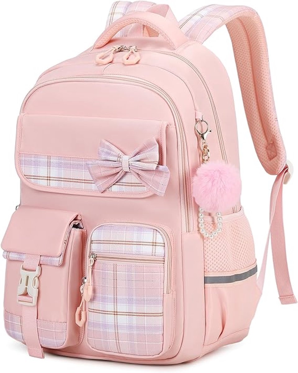Meisjes Rugzak - Schooltas voor Meisjes met Stijlvol Ruitpatroon - Waterafstotende Boekentas voor Basisschool en Middelbare School - Ergonomische Schoolrugzak met Laptopvak