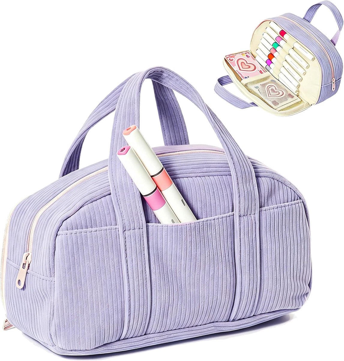 Grote Etui van Corduroy - Ruime Pennenzak voor School en Kantoor - Multifunctionele Etui met Compartimenten - Organizer voor Studenten en Creatievelingen - Paars
