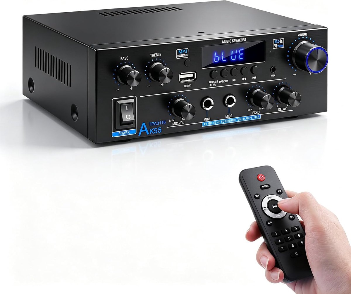 SnelShoppen - HiFi Amplifier Bluetooth 5.0 Stereo Audio Receiver, 70W×2 Digital Power Amplifier voor Thuis en Auto, Microfoon Jack, Echo & Reverberati