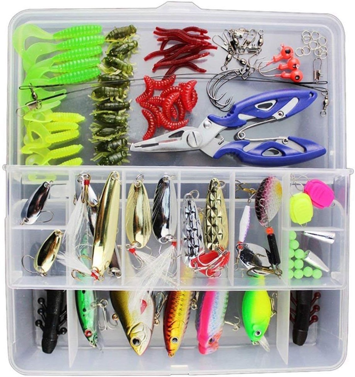 SnelShoppen - 120 Stuks Gemengd Vissen Lures Set met Spinner, VIB, Hooghakken, Enkele Haak en Tangen voor Zoetwatervissen - Perfect voor Hengelsport e