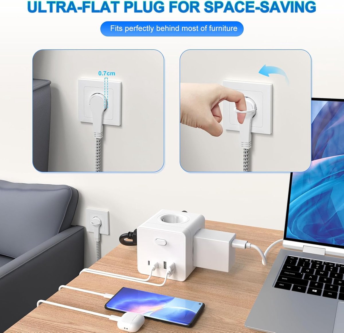 SnelShoppen - Stekkerkubus met USB-C, 4-voudige stekkerdoos met schakelbaar, platte stekker voor kantoor, thuis, reizen, 2,5 m kabel, wit