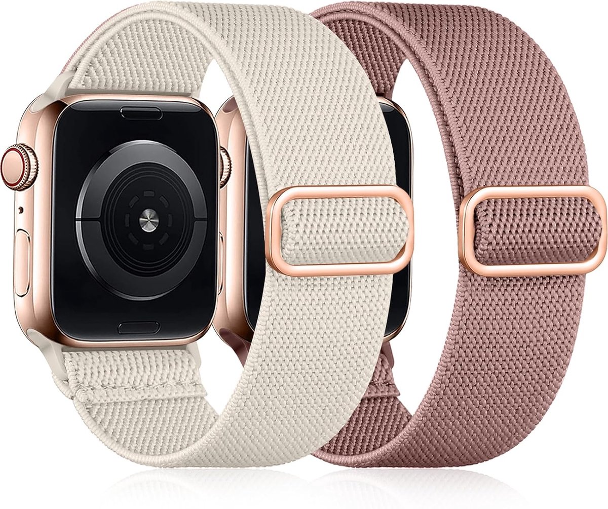 SnelShoppen - Elastisch Nylon Band Compatibel met Apple Watch 38mm 40mm 41mm, Verstelbaar Zacht Sportband voor iWatch Series 1-9 in Naakt Roze/Sterren