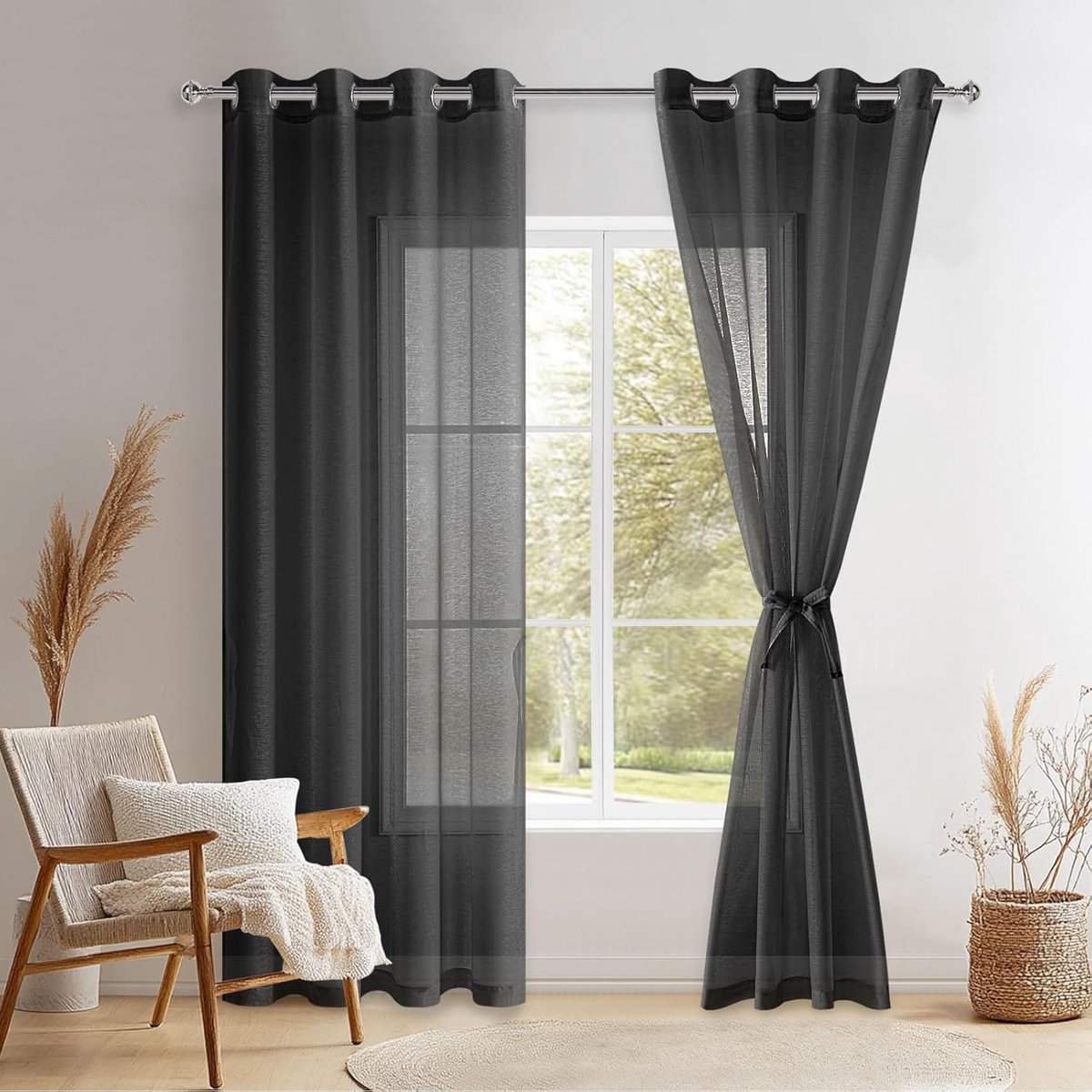 SnelShoppen - Transparante Voile Gordijnen met Oogjes, Sheer Gordijnen voor Woonkamer, Babykamer, Slaapkamer, Zwart, 240 x 132 cm, 2 Stuks