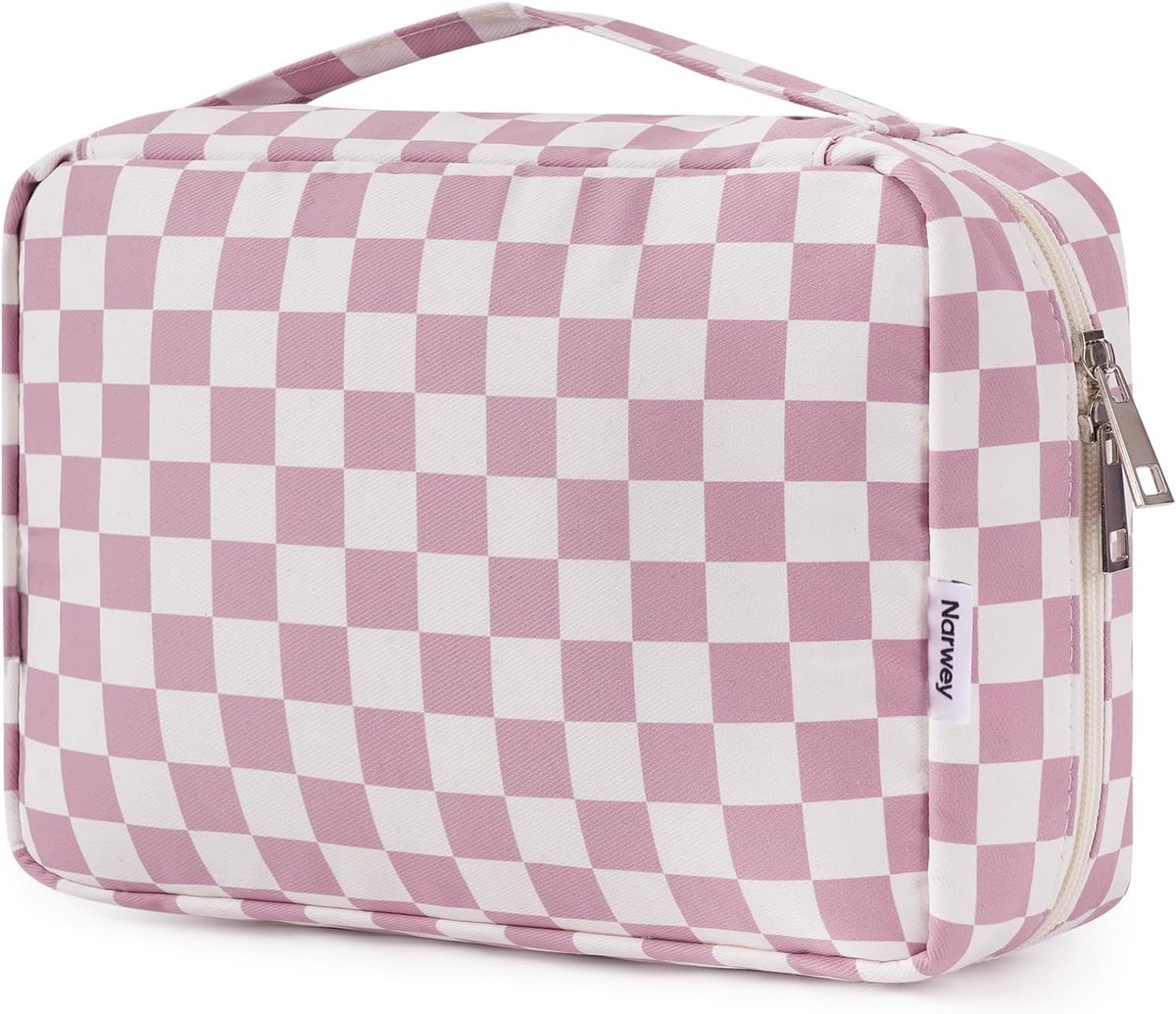 SnelShoppen - Travel Hanging Toiletry Bag Makeup Organizer voor Vrouwen Meisjes Kinderen - Waterproof Roze Ruitpatroon - Perfect voor Vakantie, Campin