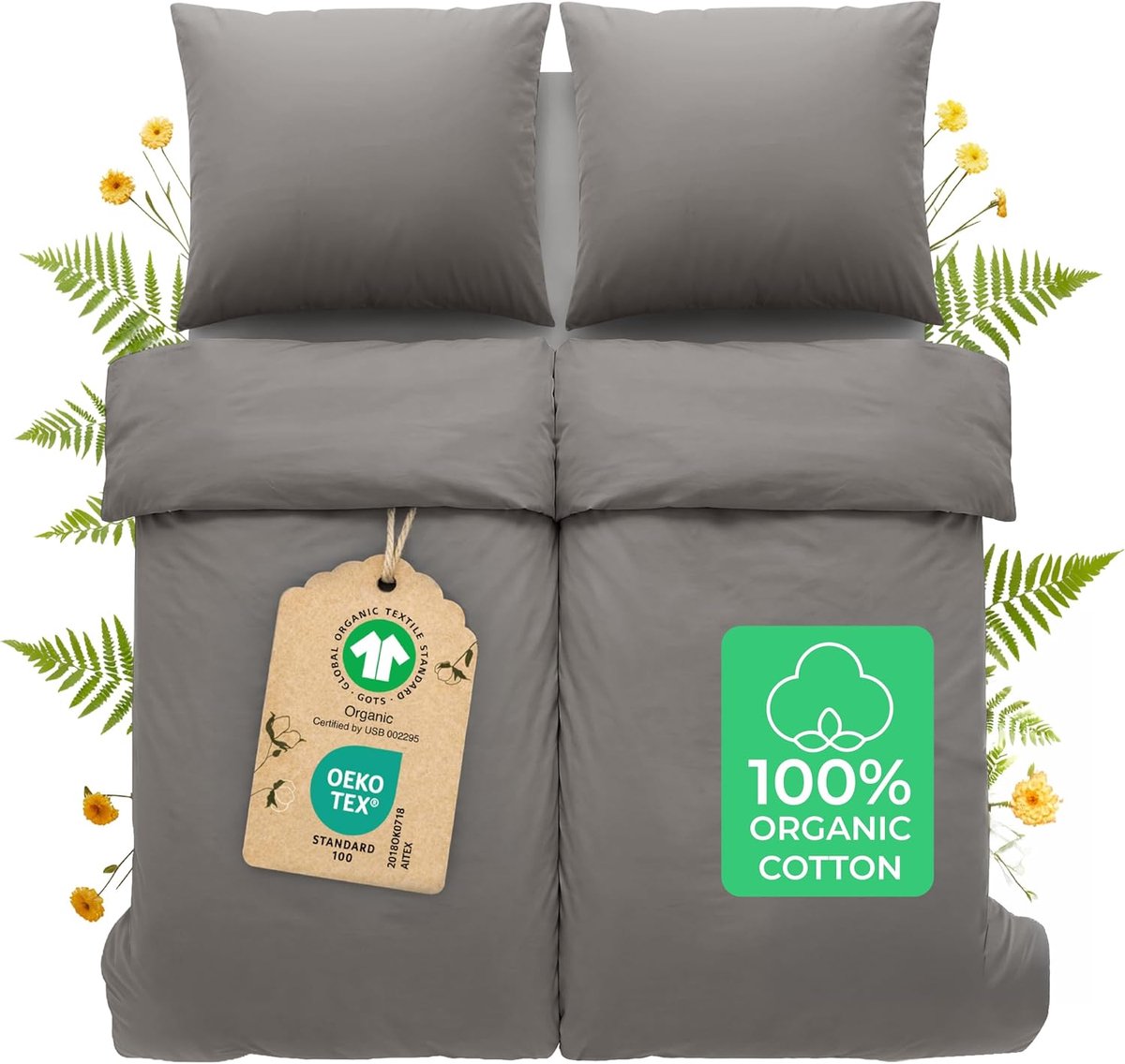 SnelShoppen - 2 Dekbedovertrekken 135x200 cm + 2 Kussenslopen 80x80 cm - Biologische Katoen - Percale 180 TC - Bedlinnen Anthraciet - Ademend en Zacht
