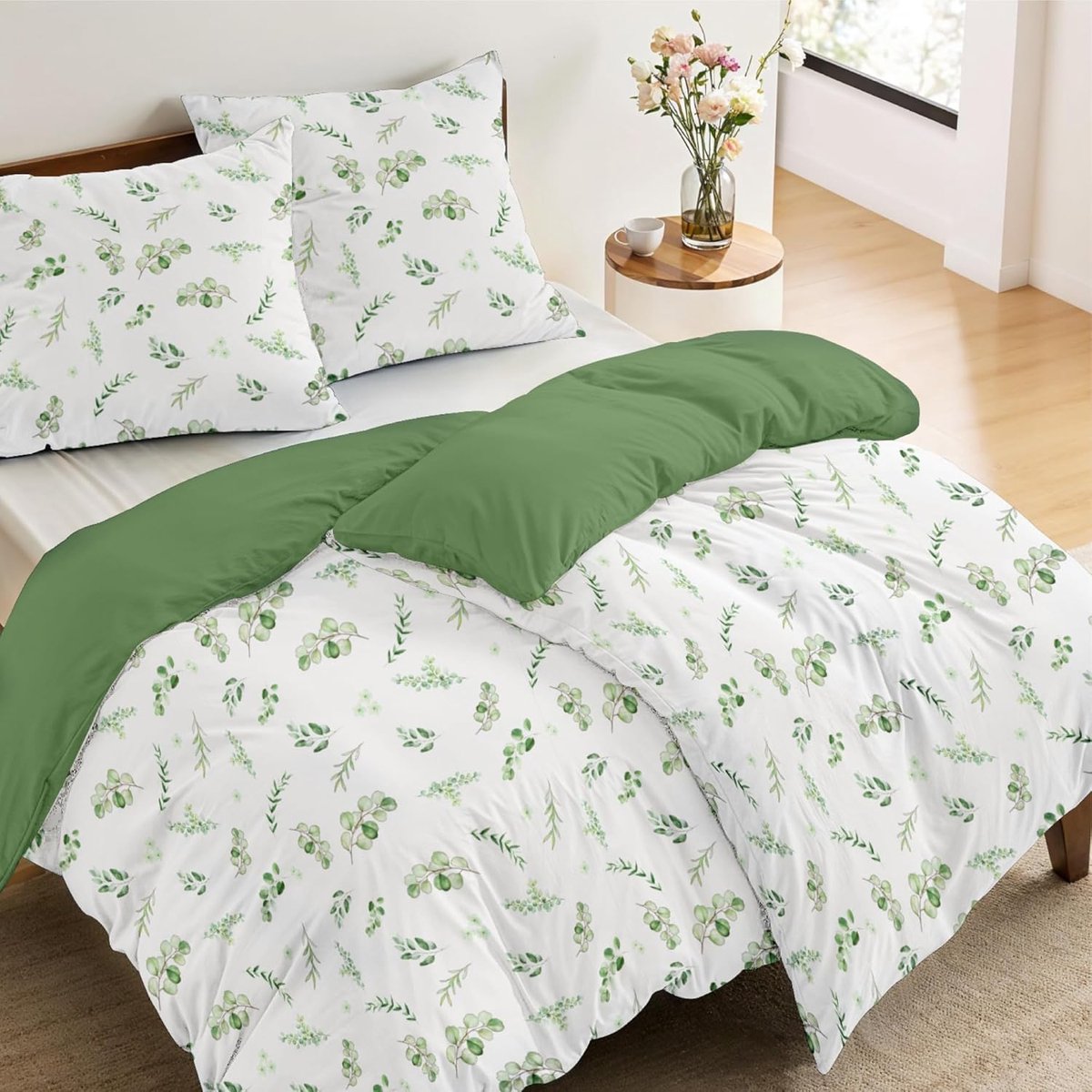 SnelShoppen - Dekbedovertrek 135x200 cm met 2 Kussenslopen 80x80 cm - Sage Groen Botanisch Patroon - Oeko TEX - Luxe Microfibre - Lichtgewicht Voor Al
