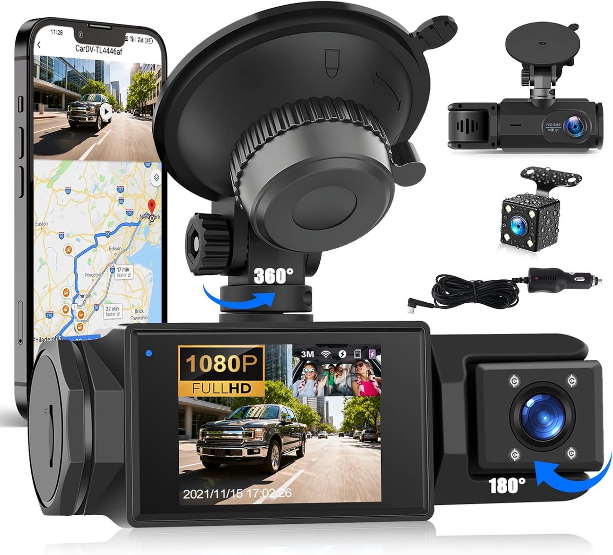 SnelShoppen - 3-Kanaals Dashcam Met Voor, Achter En Interne Camera, 1080p, App Controle, Nachtzicht, G-Sensor, Parkeerhulp, 24-Uurs Bewaking