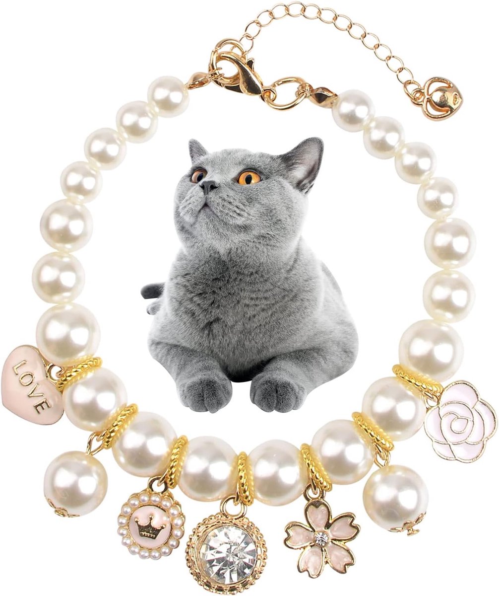 SnelShoppen - Adjustable Faux Pearl Dog Collar met Rhinestone Pendant - Hondenhalsband voor Kleine Honden en Katten - S - Perfect voor Feestjes en Dag