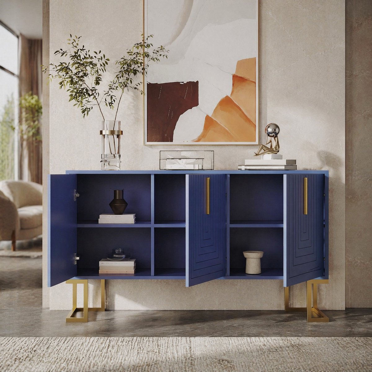 Wishdor - Dressoir - 3-deurs met verstelbare planken en U-vormige fronten - modern - voor woonkamer en eetkamer - bewerkt hout - navy blauw - 138 cm