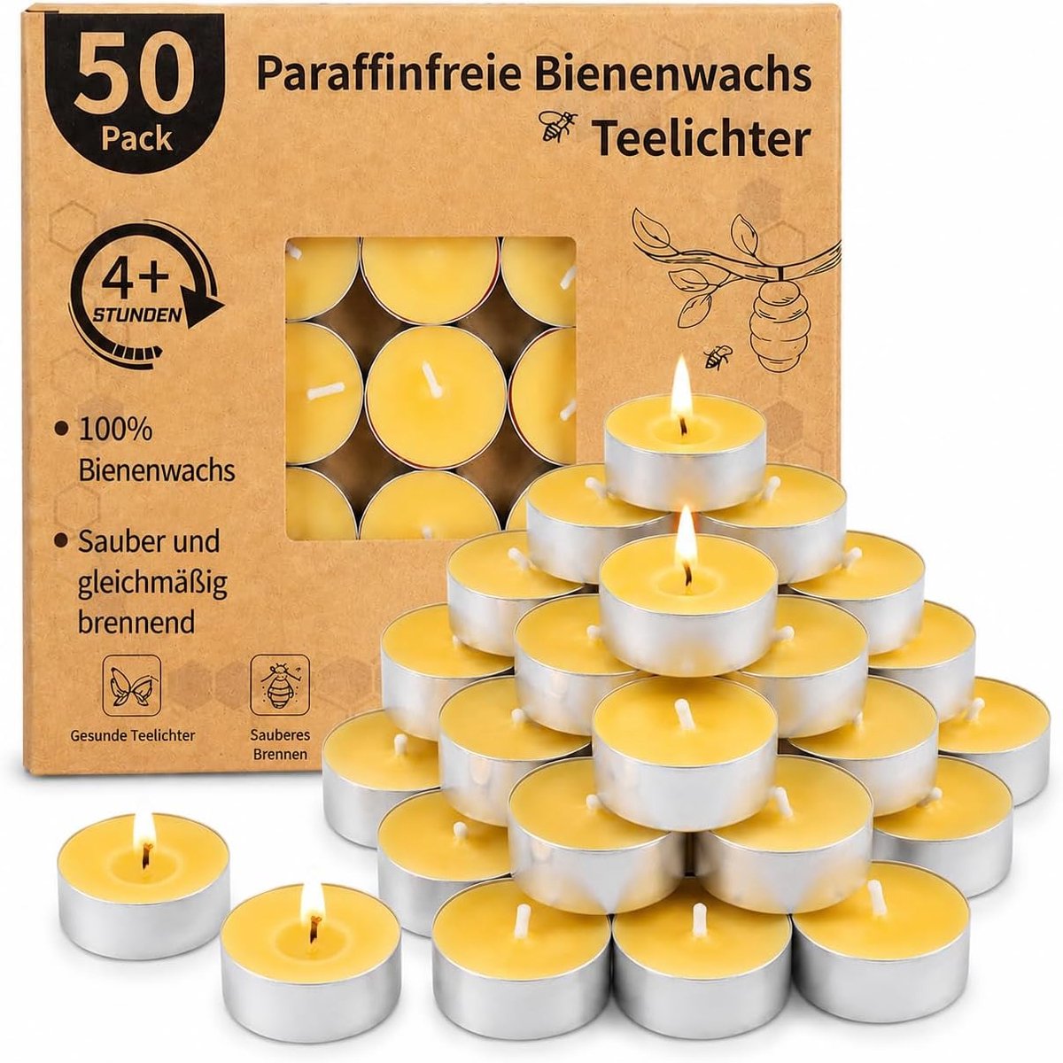 SnelShoppen - 50 Stuks Bijenwas Theelichten - Pure Natuurlijke Geurloze Kaarsen - Organische Rookvrije Branders - Meer dan 4 Uur Brandtijd - Perfect v