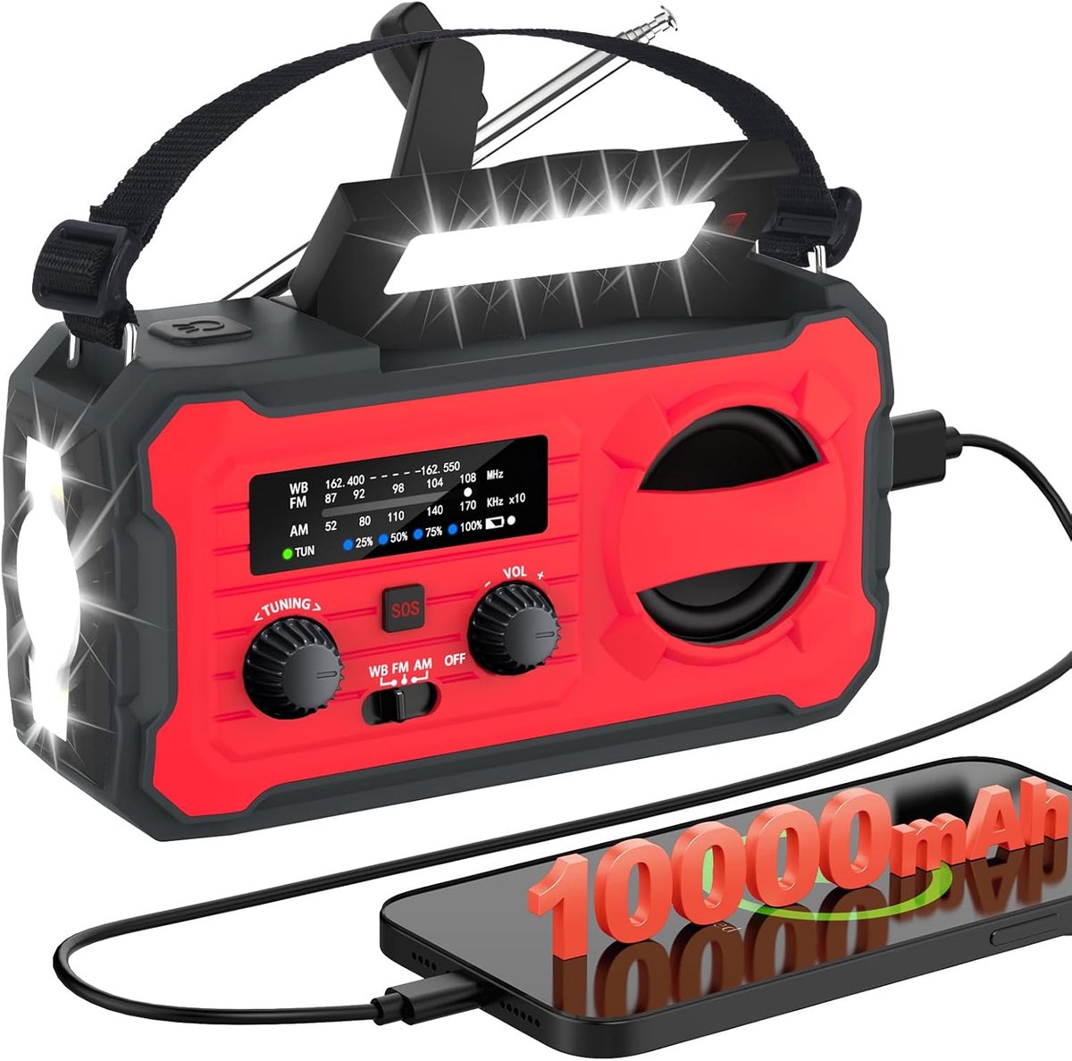 SnelShoppen - Draagbare Zonne-Radio met AM/FM, 10.000 mAh Powerbank, Noodradio met SOS-alarm, Led-zaklamp, Zwengelgenerator en USB-aansluiting voor Ca