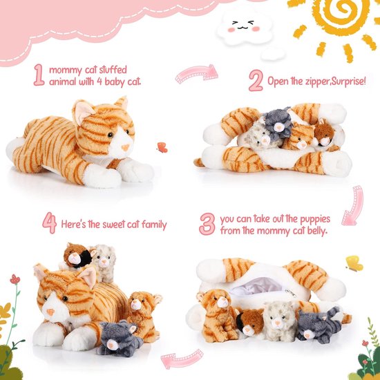 SnelShoppen - 5-Delige Grote Pluche Katten Set - Zachte Knuffel Toy met 4 Schattige Kittens - Fluffy Moeder en Baby Katten - Perfect Cadeau voor Verja van Snelshoppen — afbeelding 2