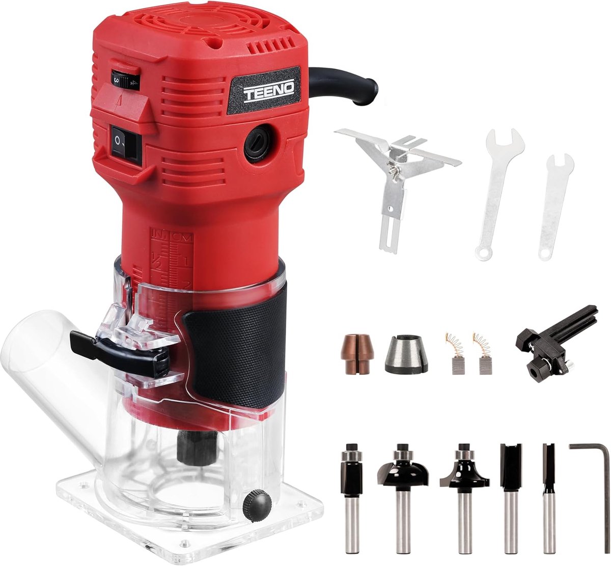 SnelShoppen - Elektrische Houtschaaf 650W met 6 Variabele Snelheden, 15000-32000 RPM, 1/4 Inch Schacht, 6 Stuks Freesbits, Stofafzuiging