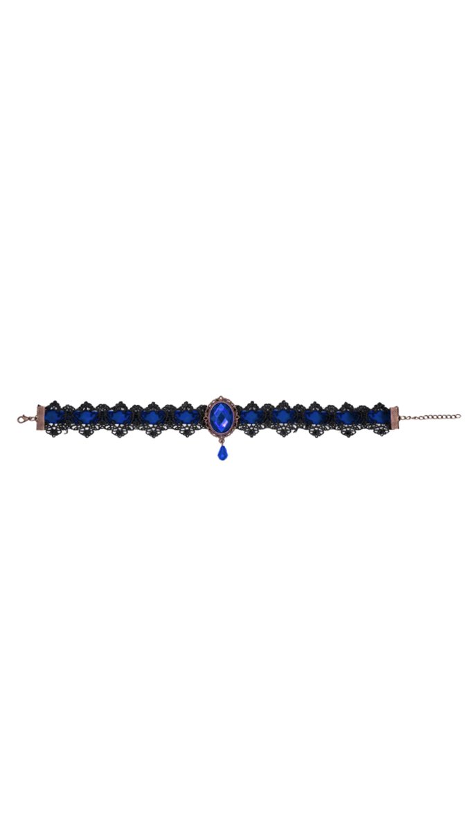 KIMU® Choker Zwart Kant Blauwe Steen - Kanten Zwarte Collar Ketting Vintage Lace Great Gatsby Roaring Twenties Blinders Charleston Brocante Jugendstil Art Deco Victoriaans Steampunk Sexy Antieke Festival