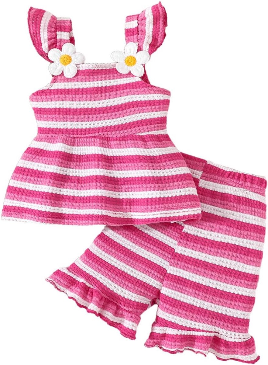 SnelShoppen - Meisjeskleding Zomer Mouwloze Tanktop Ruches Shorts Set 6M-4Y, Ademend Polyester, Schattige Aardbeien, Ruitjes & Lieveheersbeestjesprint