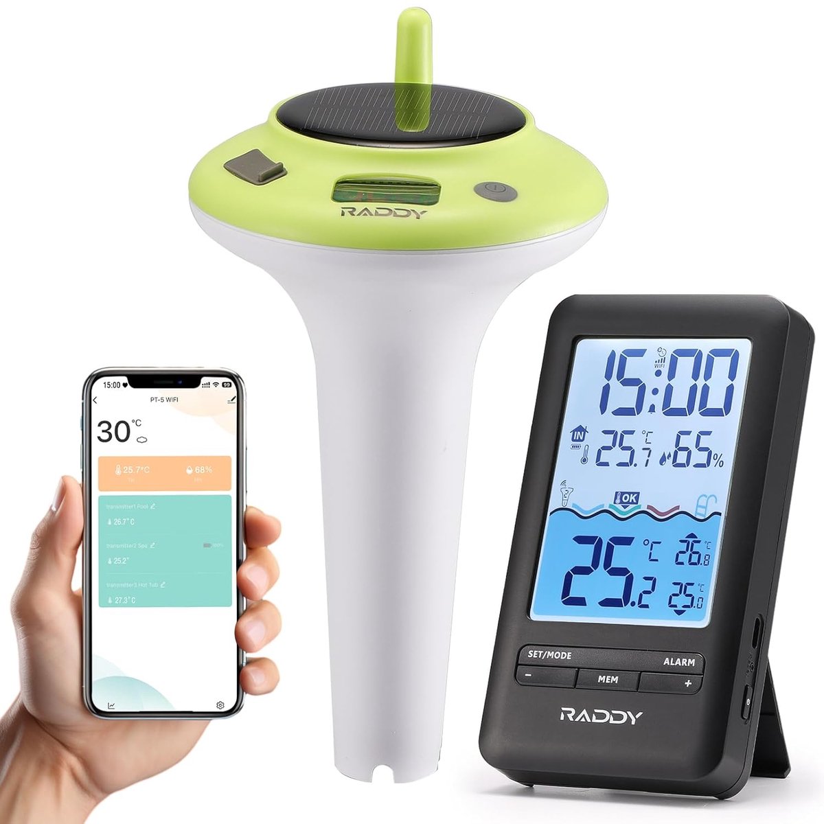 SnelShoppen - WiFi Zwembadthermometer Draadloos met App, Drijvende Sensor en Binnendisplay, IPX8 Digitale Thermometer, Zonne-energie & USB-C Oplaadbaa