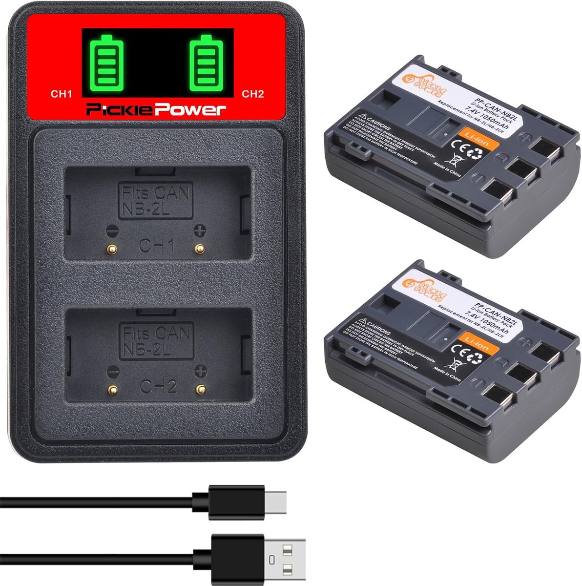 SnelShoppen - Pickle Power NB-2L NB-2LH Accu en Dubbele USB Oplader met LED-Display voor Canon Camera's - 2 x 1050 mAh Reserve Accu voor VIXIA HF, Pow