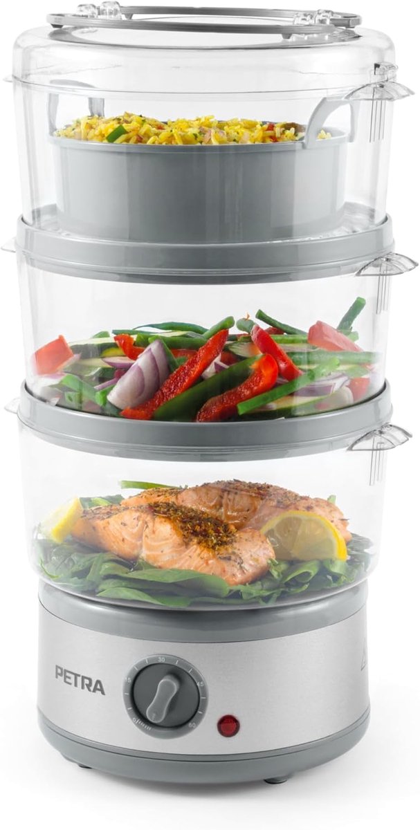 SnelShoppen - 3-Delige Elektrische Stoomkoker, 7.5L Multicooker, BPA-vrije Mandjes, Compact, 60-Minuten Timer, 500W, Verwijderbare Kookkommen voor Vle