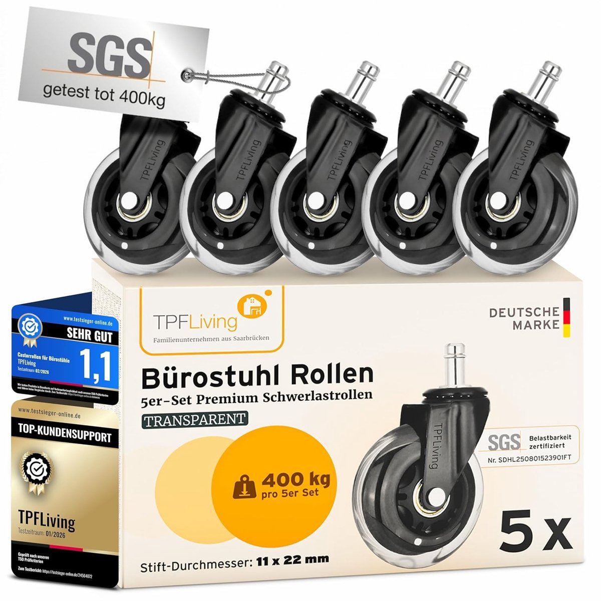 SnelShoppen - Set van 5 Premium Zware Duurzame Wielen 11 mm x 22 mm - SGS Gecertificeerd tot 400 kg - Stil en Vloerbeschermend - Eenvoudig te Monteren