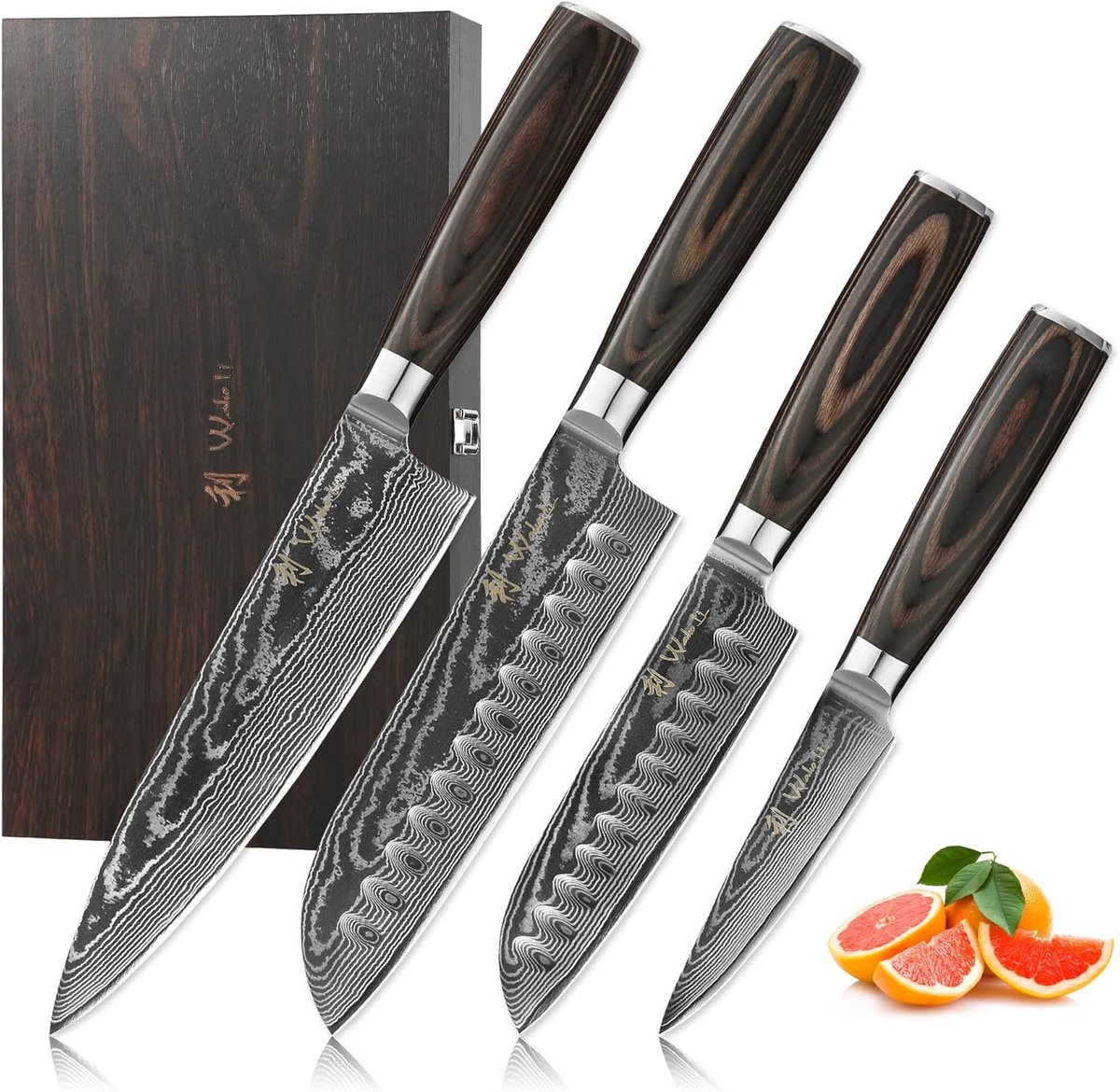 SnelShoppen - Keukenmes Set - 4-delige Damast Stalen Kookmessen - 20 cm Chef's Mes, 18 cm Santoku, 12 cm Kleine Santoku, 10 cm Groentemes - HRC 60±1 -
