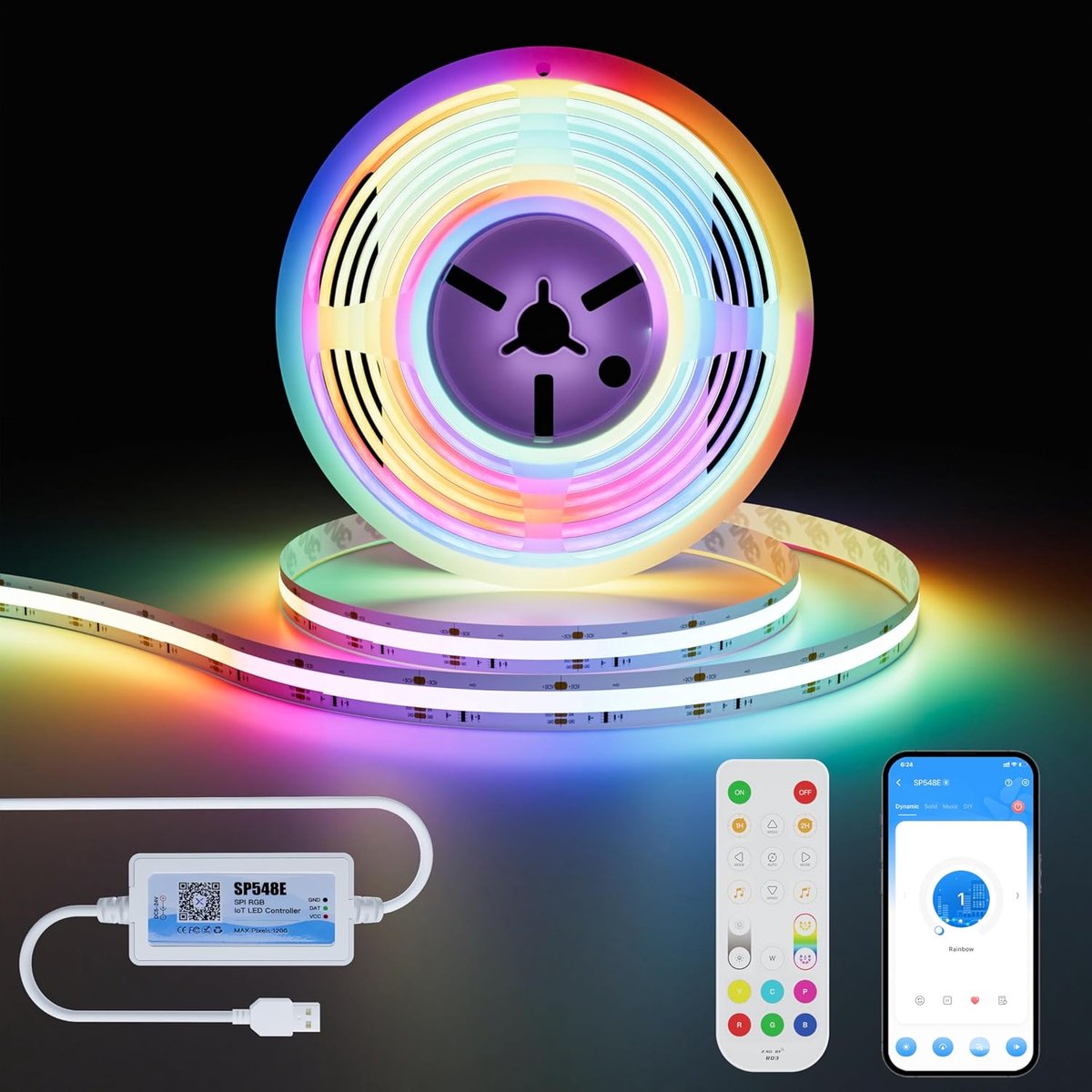 SnelShoppen - RGB+IC USB COB LED Strip 2m Flexibel Kleurveranderende Smart Strip met Alexa/Google Assistant en Muziekmodus voor TV, Feest, Camping, DI