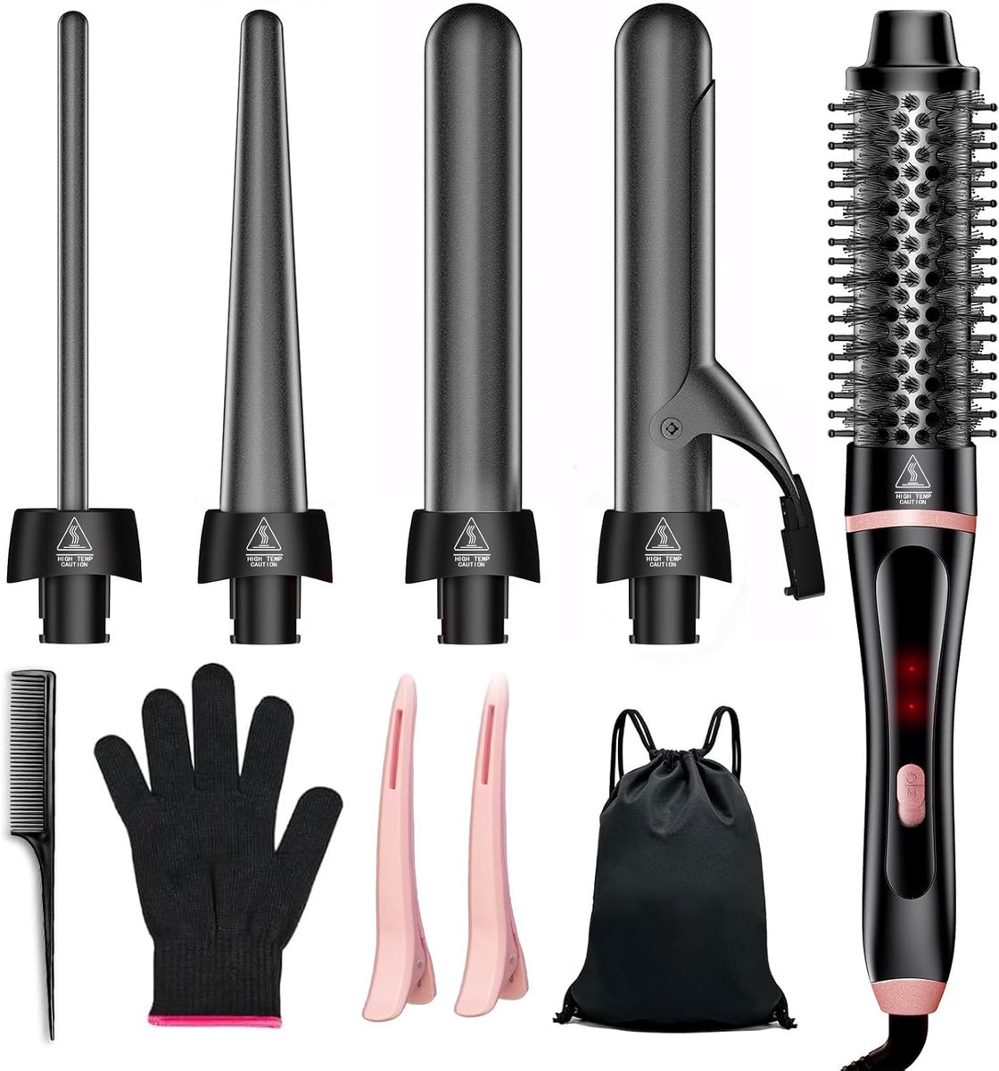 SnelShoppen - 5 in 1 Krultang met Snelle Verwarming, Thermische Borstel en 4 Verwisselbare Keramische Barrels (0.35"-1.25") voor Alle Haartypes, Ideaa