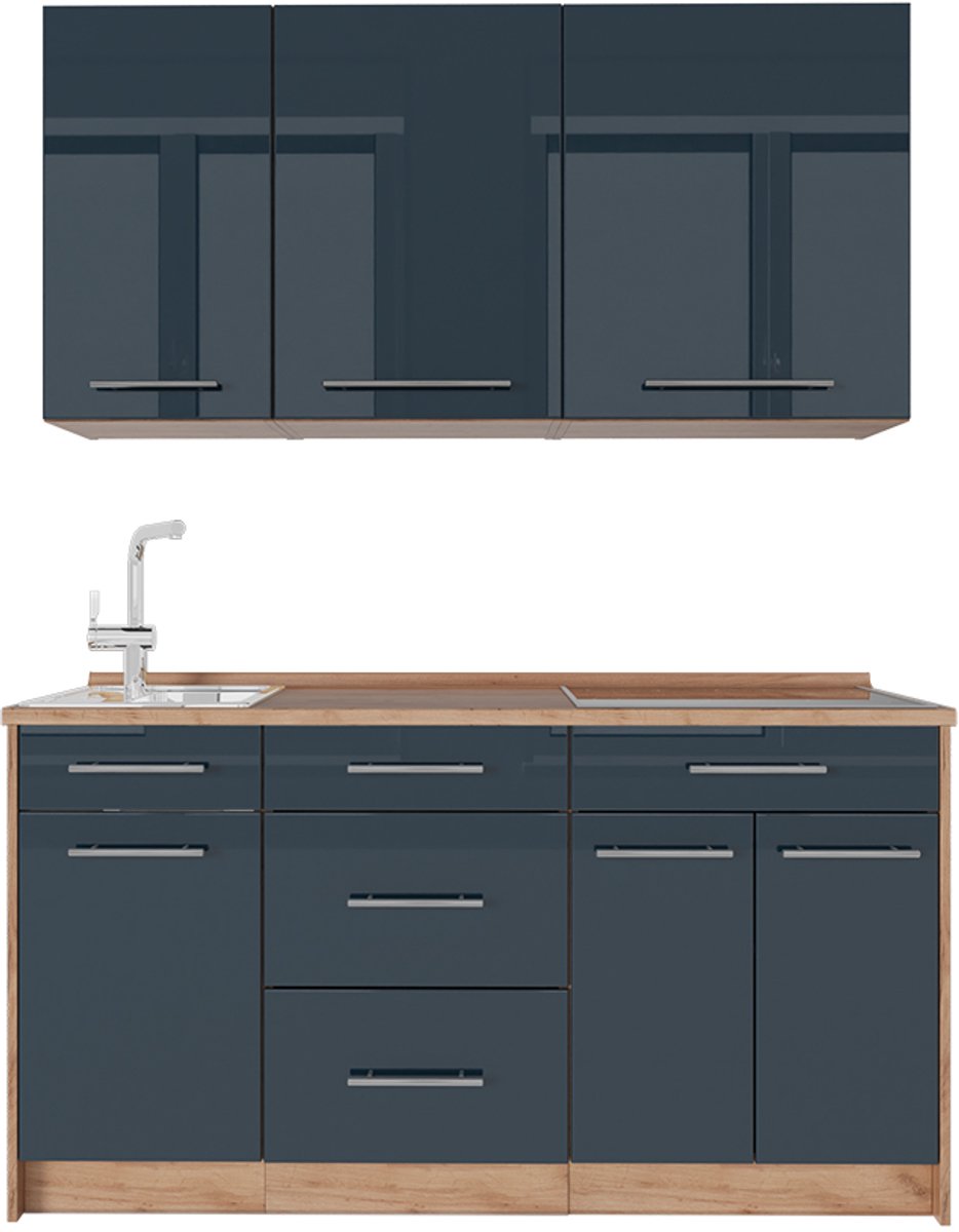 Vicco Eenpersoonskeuken Fame-Line, Donkerblauw hoogglans/Goudkleurig Eiken, 150 cm, WB Eik