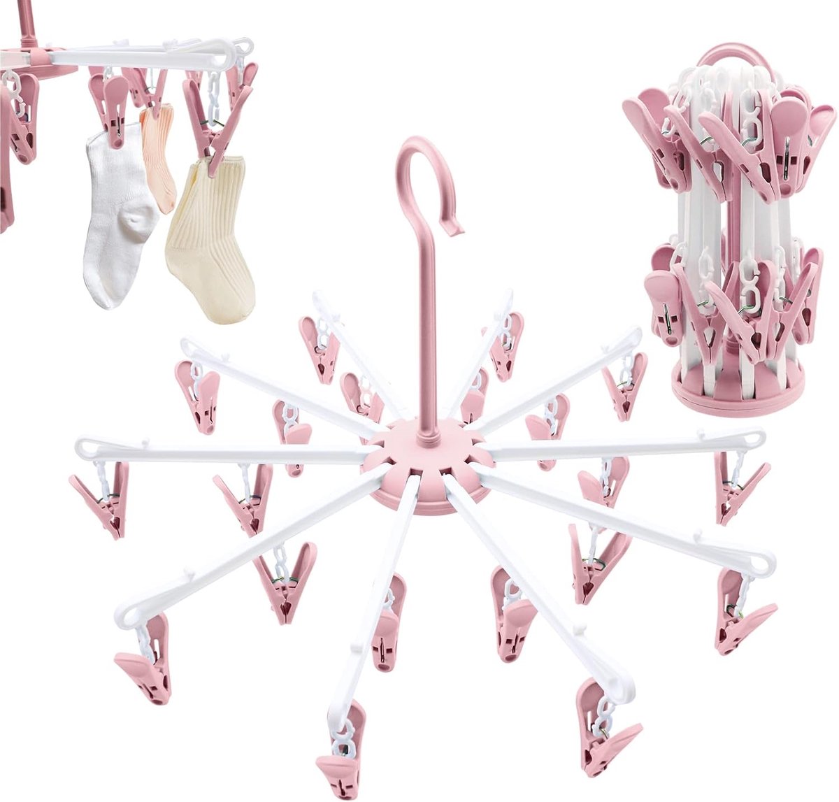 SnelShoppen - 2 Pcs Sock Dryer met 40 Clips, Mini Droogcarrousel, Vouwbare Sokhouder, Droogrek voor Sokjes, Ondergoed en kleine Kledingstukken (Roze)